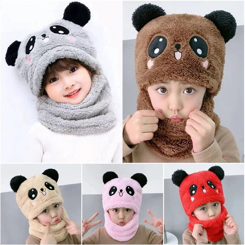 Winter Baby Cap Set Velvet Cartoon Panda Rabbit Baby Head Cover Warm Neck Collar Kids Beanies Sets Plush Children Hat Scarf