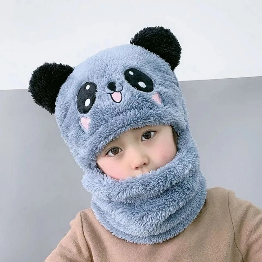 Winter Baby Cap Set Velvet Cartoon Panda Rabbit Baby Head Cover Warm Neck Collar Kids Beanies Sets Plush Children Hat Scarf