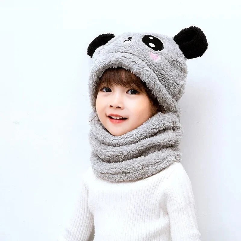 Winter Baby Cap Set Velvet Cartoon Panda Rabbit Baby Head Cover Warm Neck Collar Kids Beanies Sets Plush Children Hat Scarf